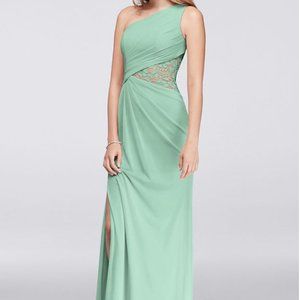 David's Bridal One-Shoulder Mesh Dress with Lace Inset - Mint